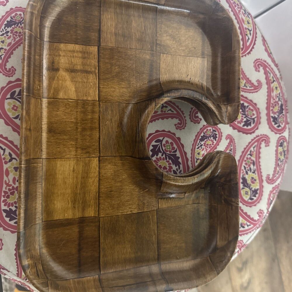 Set of 4 Vintage Mid Century Pressed Woven Patchwork Wooden Snack Trays